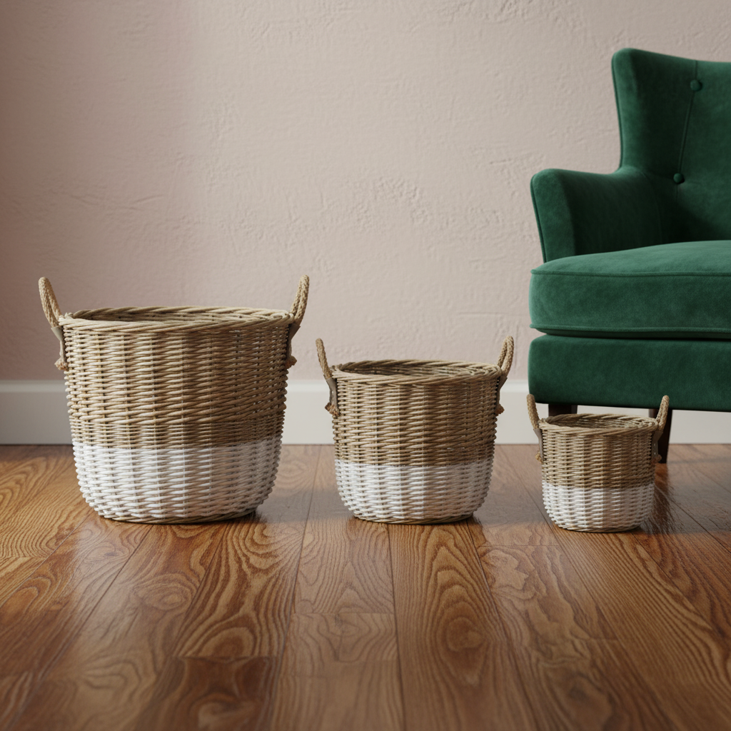 Set of 3 White Base Woven Storage Baskets