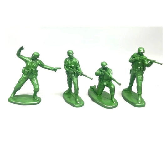 Four green toy soldiers on a white background