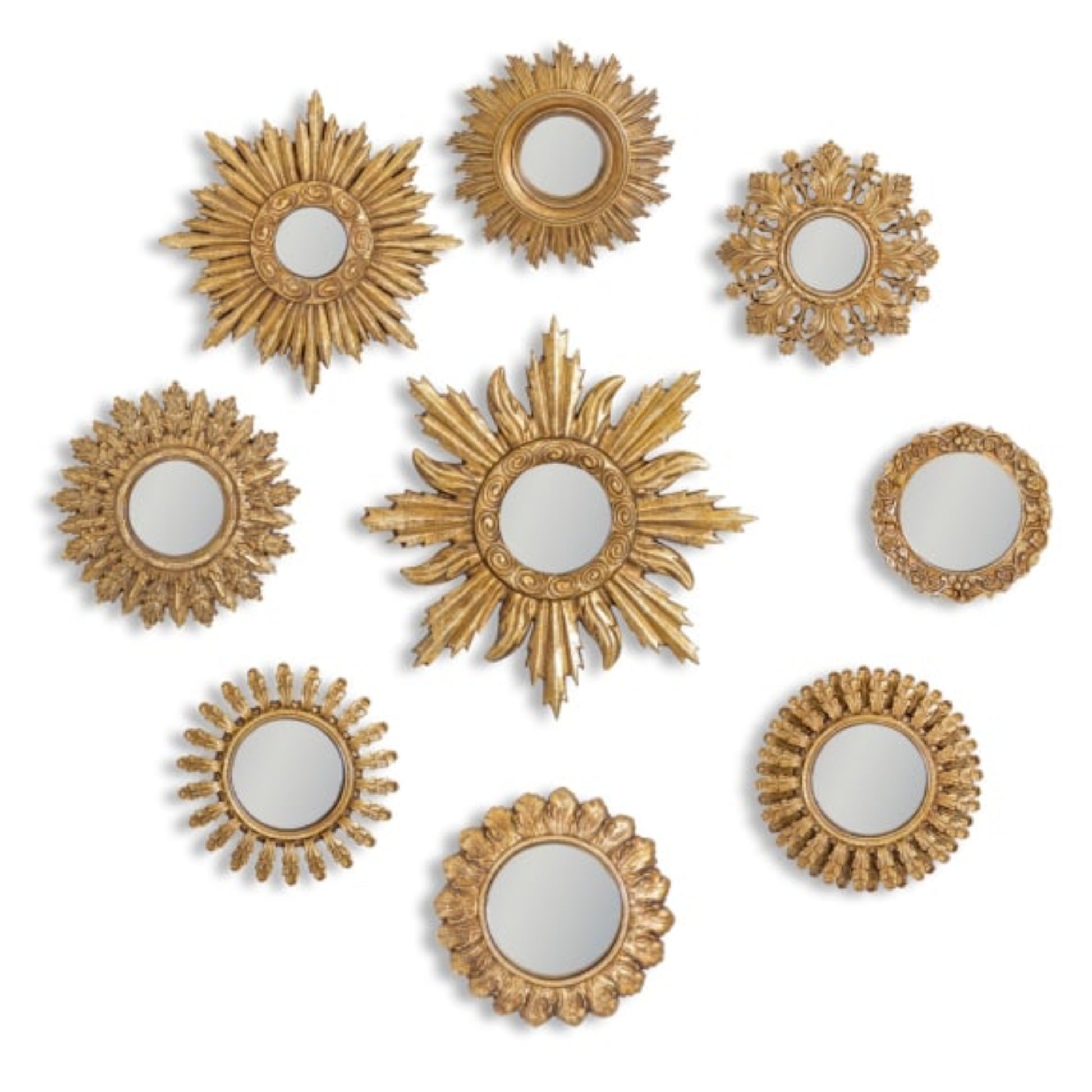 Set of 9 Sunburst Antique Gold Framed Mirrors