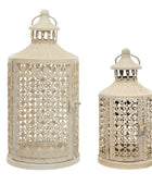 Set of Two Aged White Metal Filigree Lanterns