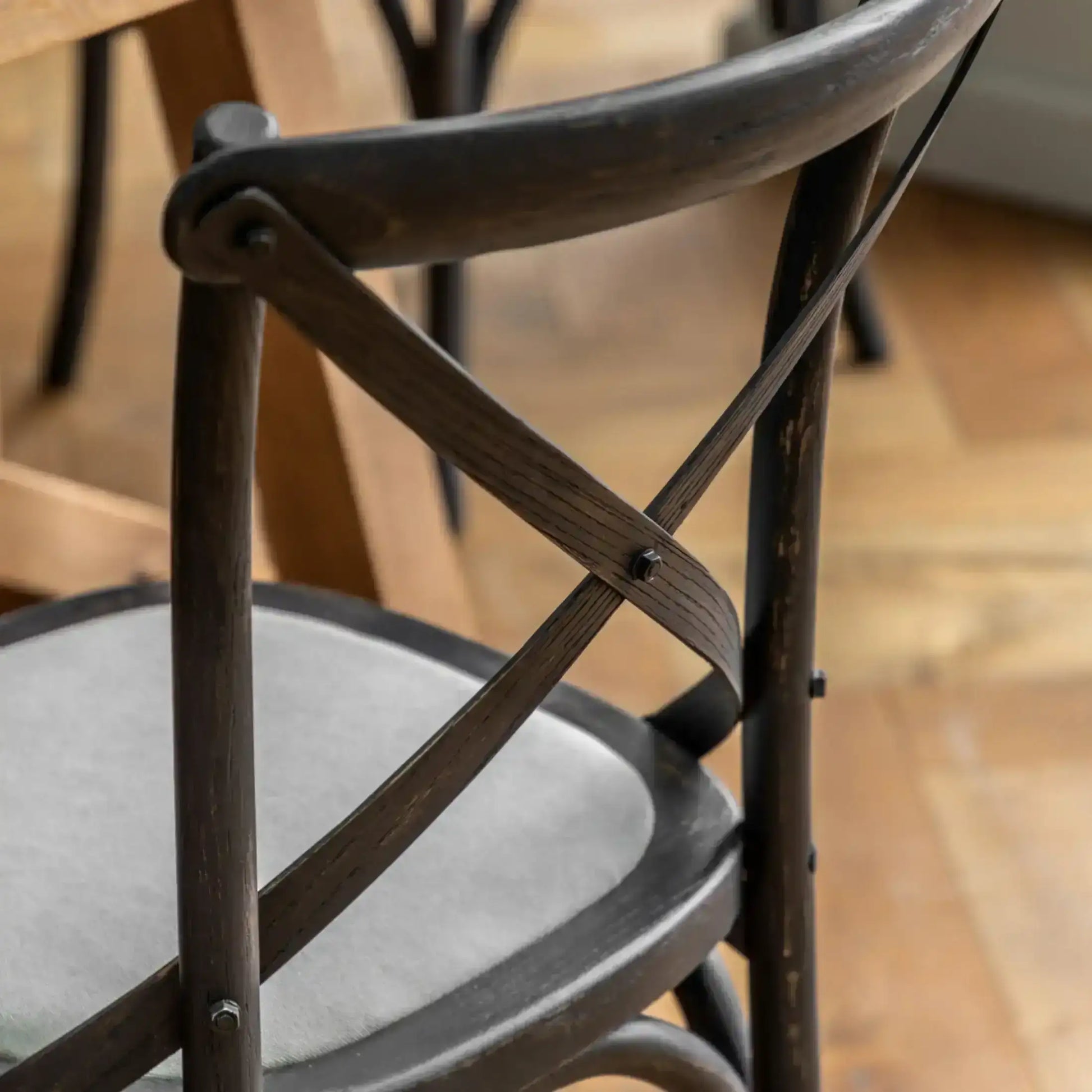 Set of Two Distressed Black Wood Cross Back Dining Chairs