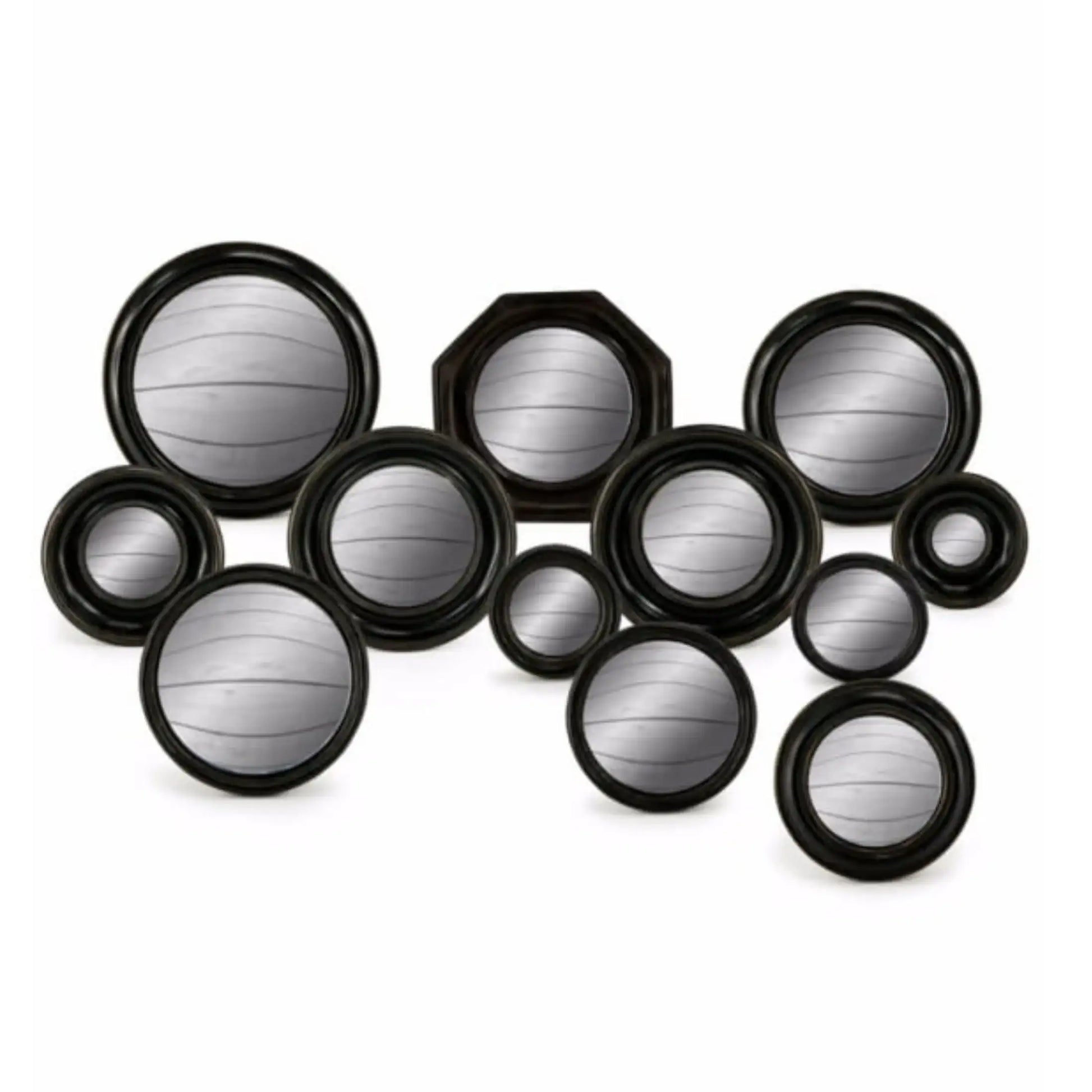 Set of 12 Antique Black Convex Framed Mirrors