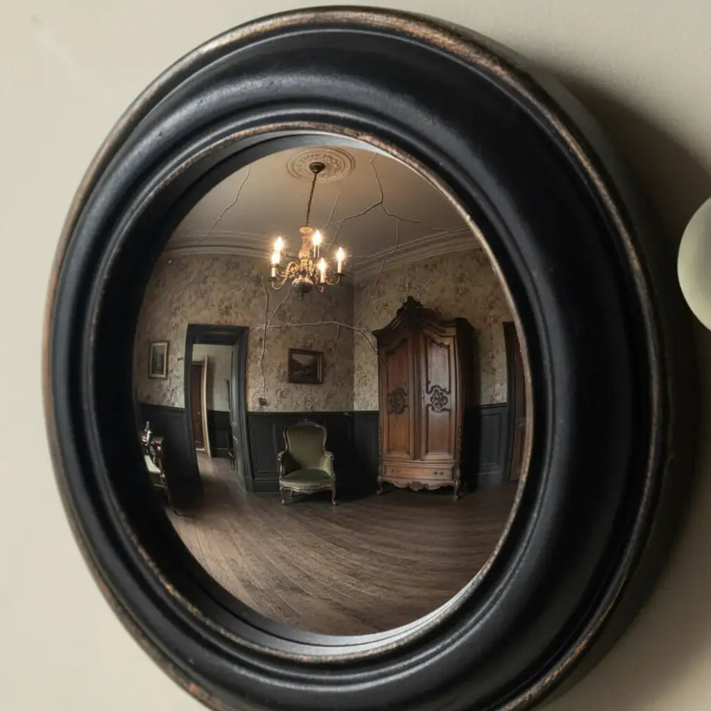 Round convex mirror with black frame reflecting indoor and outdoor elements.