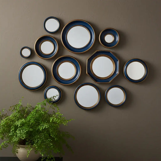 Set of ceramic plates with blue rims on a white background