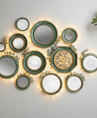 Set of 12 Antique Green & Gold Convex Framed Mirrors