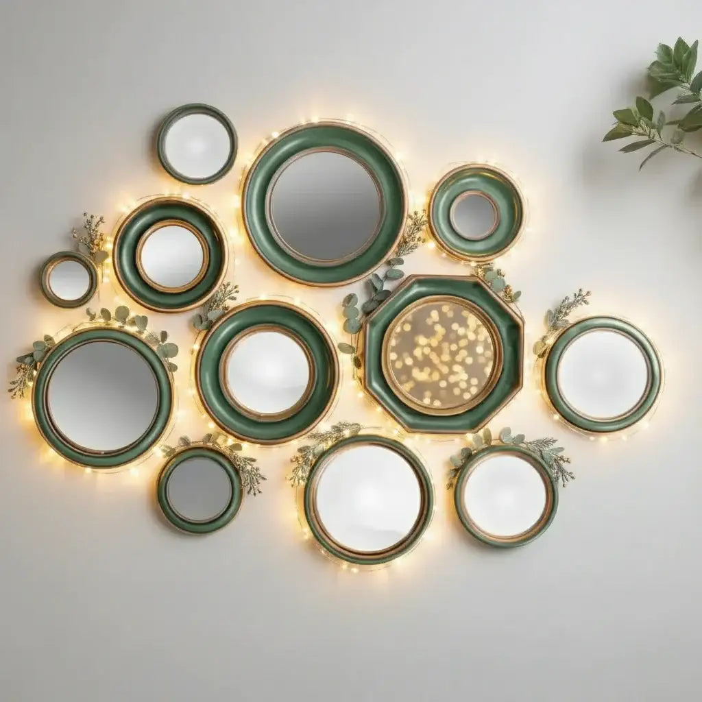 Set of 12 Antique Green & Gold Convex Framed Mirrors