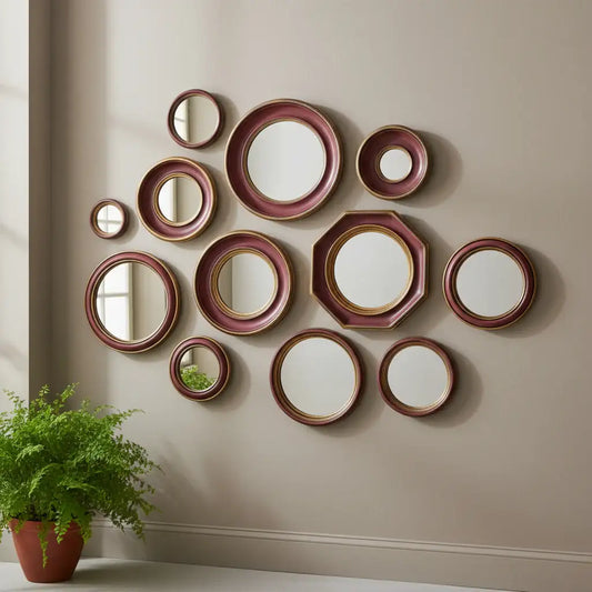 Set of decorative plates with a maroon rim on a white background