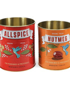 Two decorative metal tins for puddings and preserves, one red labeled Allspice and one orange labeled Nutmeg, with gold-toned interiors, shown on a white background.