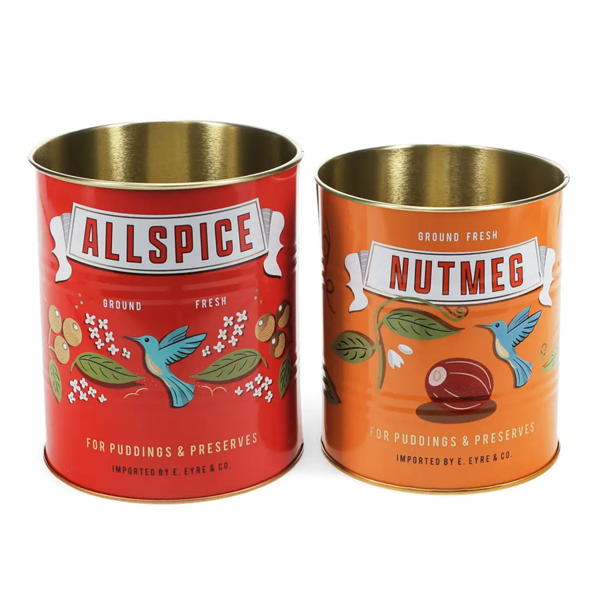 Two decorative metal tins for puddings and preserves, one red labeled Allspice and one orange labeled Nutmeg, with gold-toned interiors, shown on a white background.