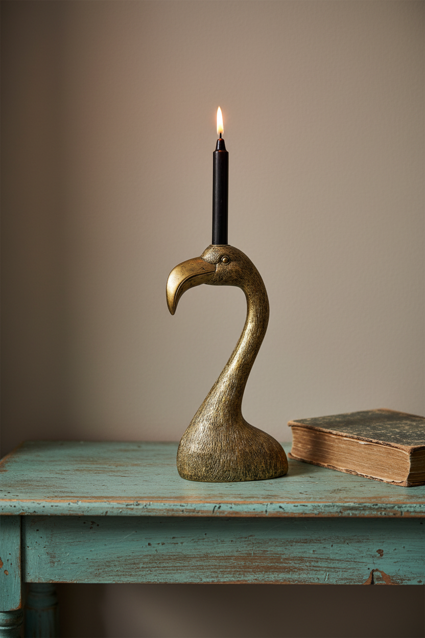 A brass flamingo-shaped candle holder with a black candle inserted, set on a distressed turquoise wooden table against a warm beige background.