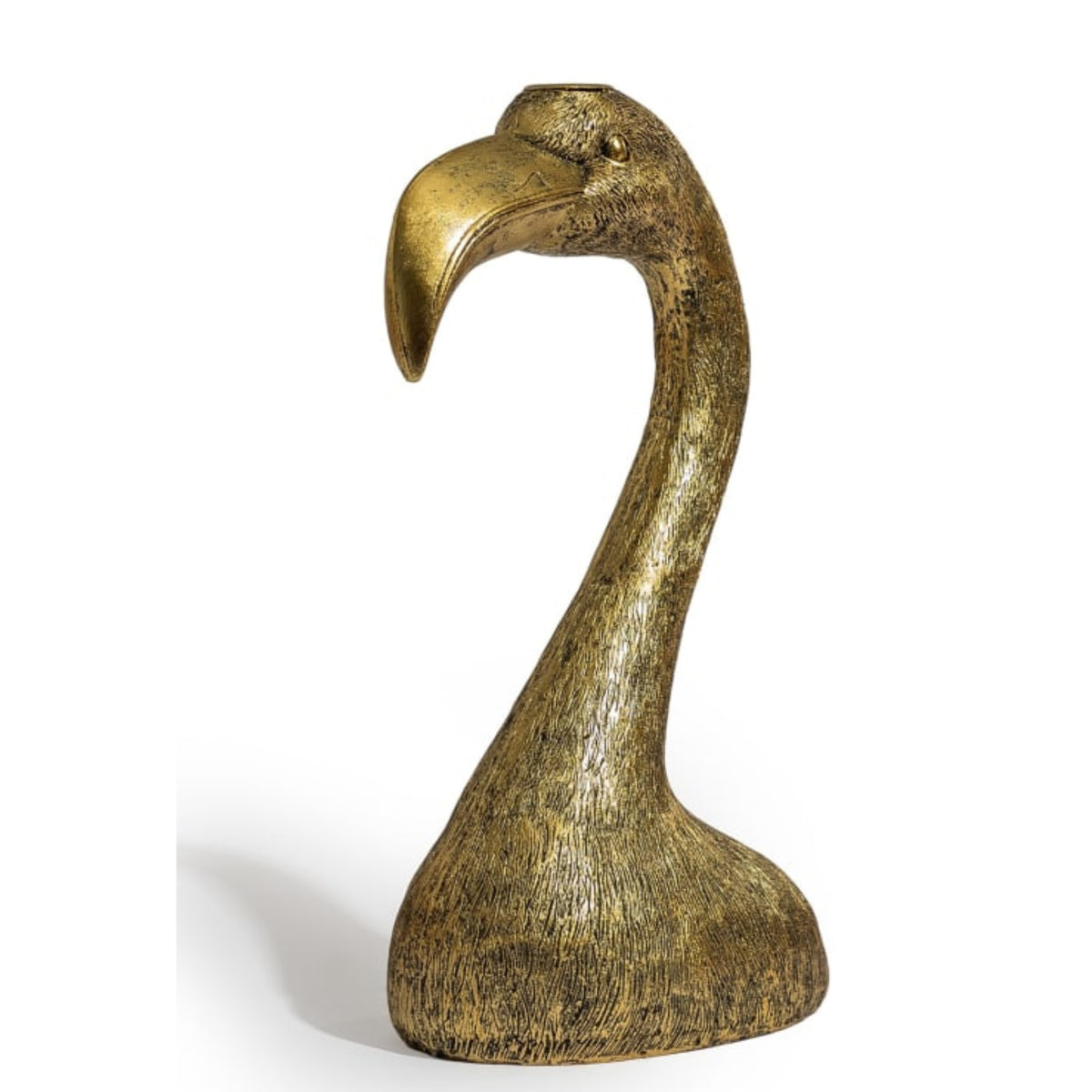 A decorative sculptural flamingo head and neck sculpture with a textured metallic gold finish, shown against a plain white background.