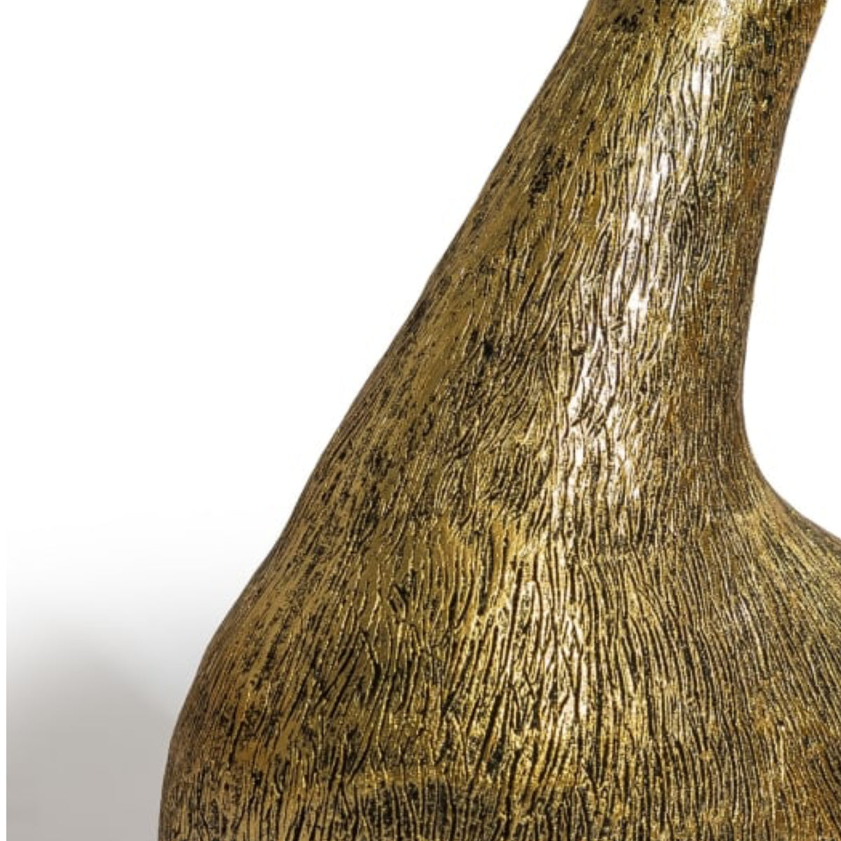 Close-up of a textured metallic gold vase or decorative container against a plain white background.