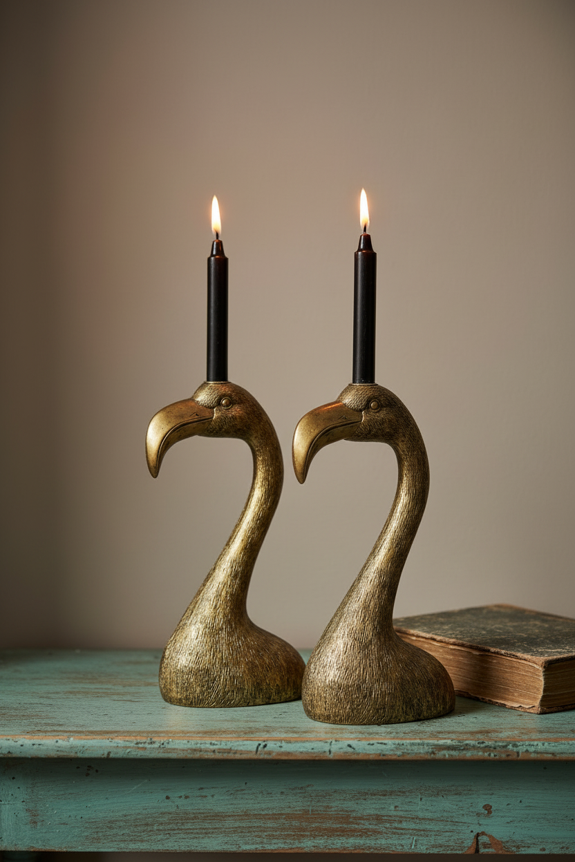 Two brass swan-shaped candle holders with lit black taper candles, displayed on a distressed teal wooden table next to an old book against a neutral beige background.