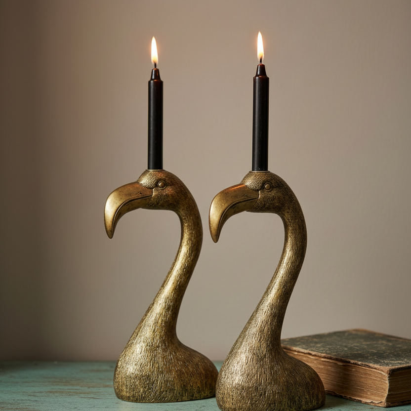 Two brass flamingo-shaped candle holders with black candles, displayed on a rustic teal table next to an old book against a neutral beige background.