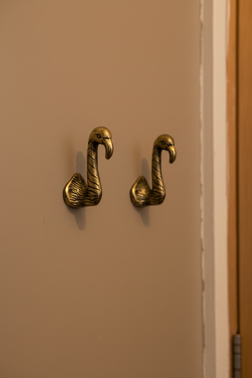 Set of 2 Antique Gold Flamingo Head Coat Hooks 7
