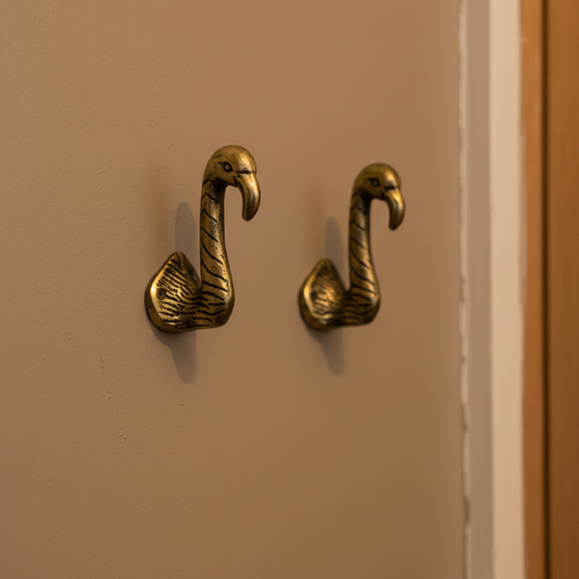 Set of 2 Antique Gold Flamingo Head Coat Hooks