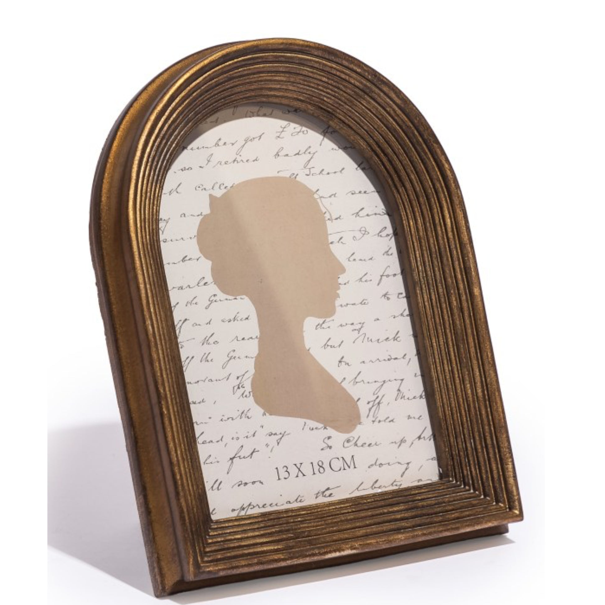 Wooden frame with silhouette and script paper on a white background