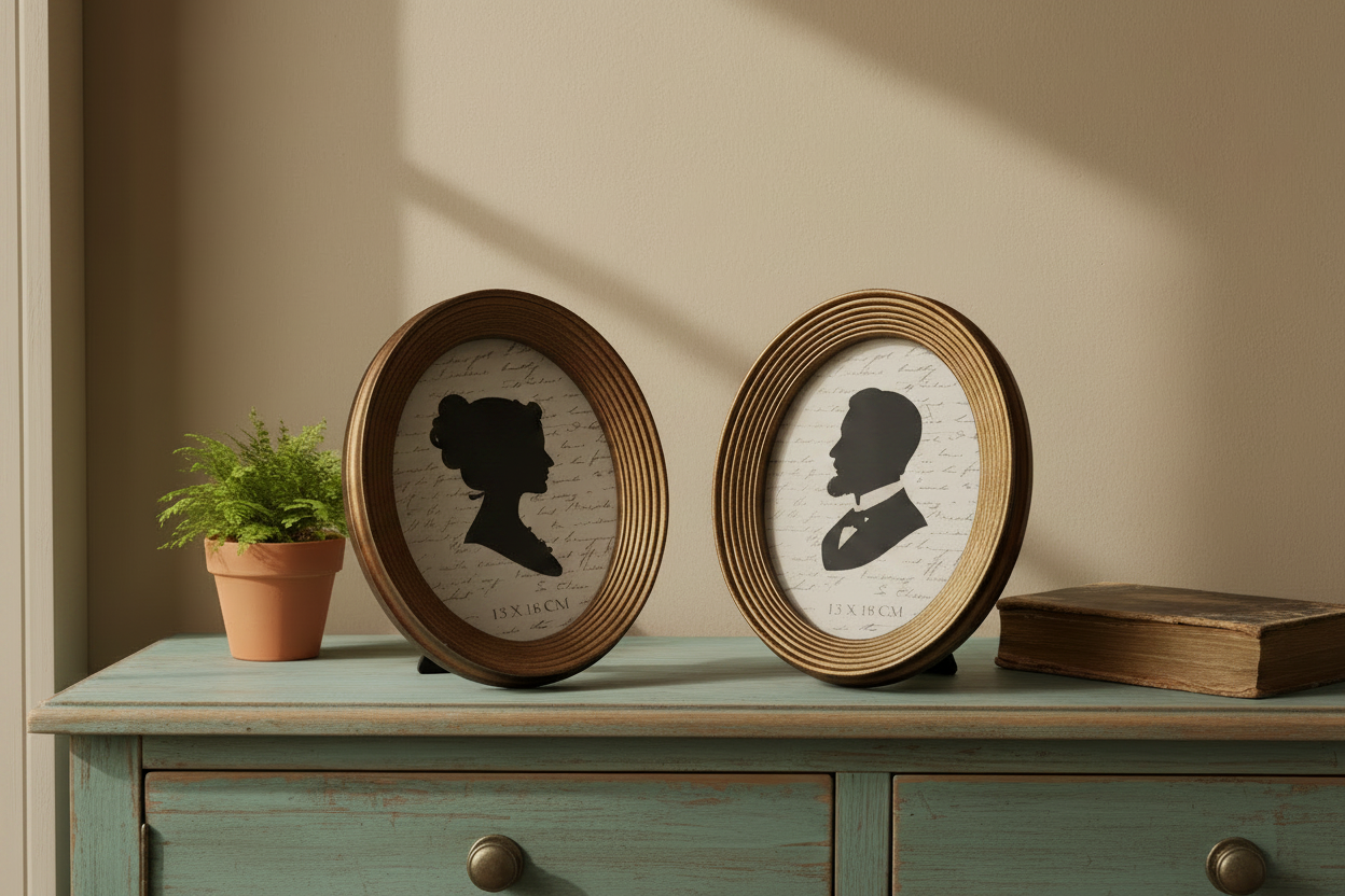 Two round wooden picture frames with silhouettes on a wooden surface with a plant and book in the background.