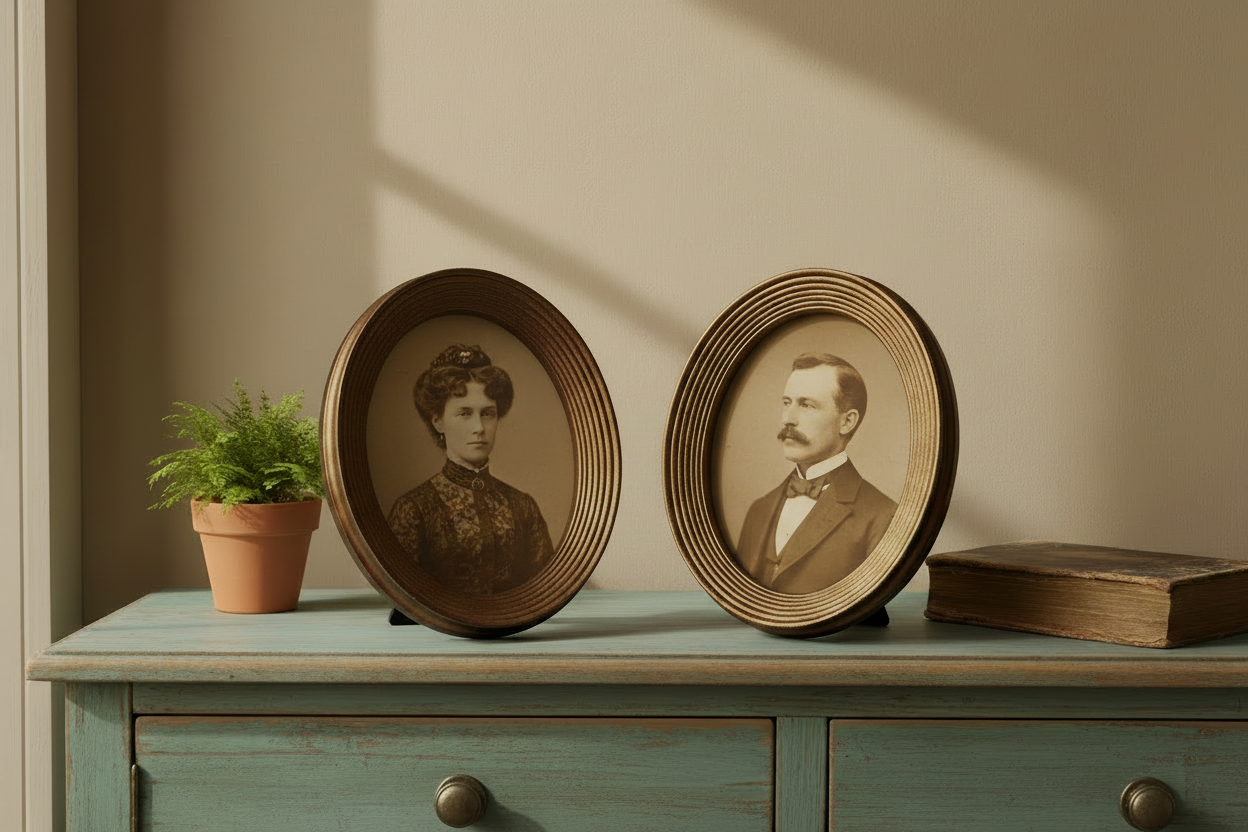Two framed portraits on a wooden shelf with a plant and book in the background.