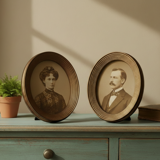 Two vintage-style oval frames with portraits of a man and a woman on a wooden surface.