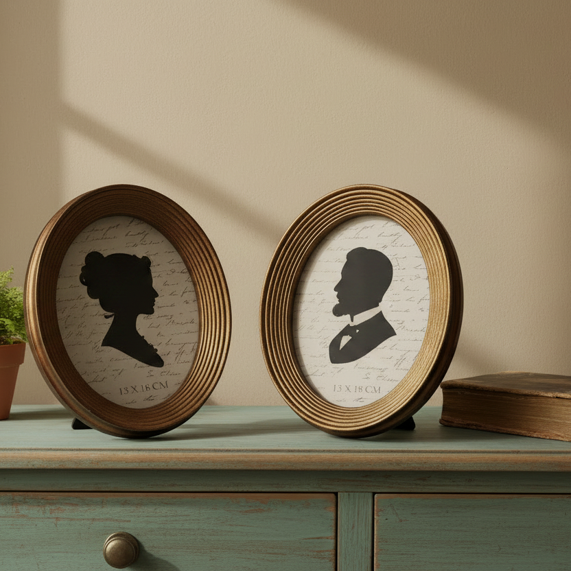Two oval frames with silhouette portraits on a wooden surface.