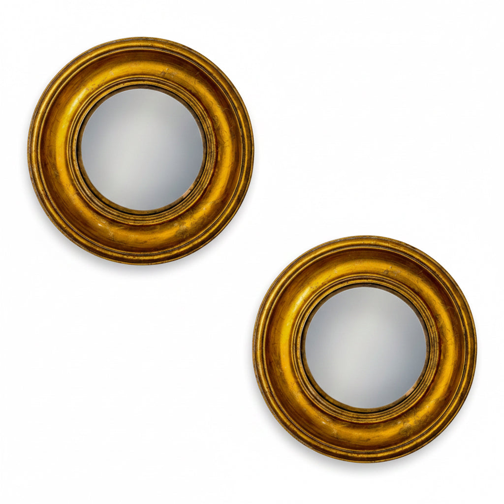 Set of 2 Antique Gold Round Convex Framed Mirrors