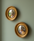 Set of 2 Antique Gold Round Convex Framed Mirrors
