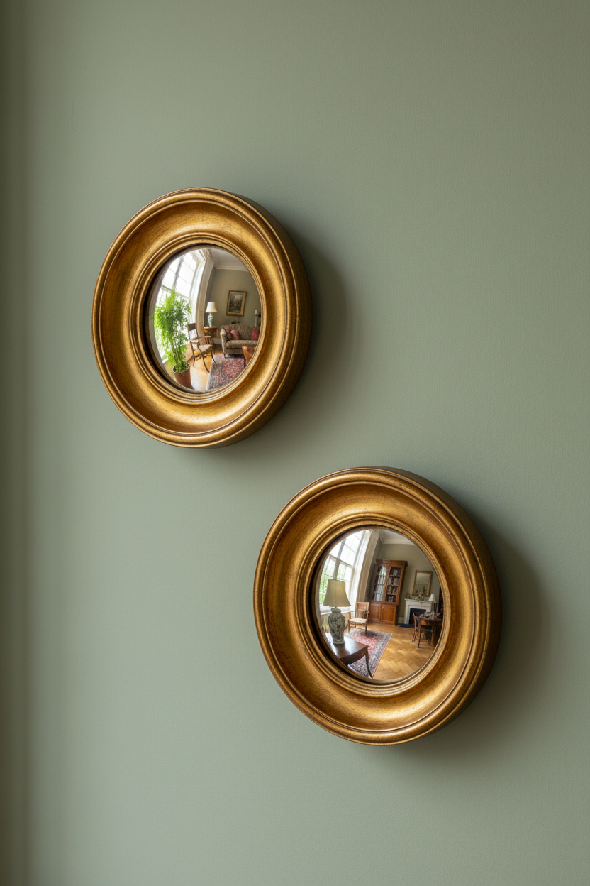 Set of 2 Antique Gold Round Convex Framed Mirrors