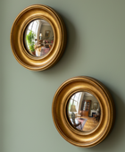 Set of 2 Antique Gold Round Convex Framed Mirrors