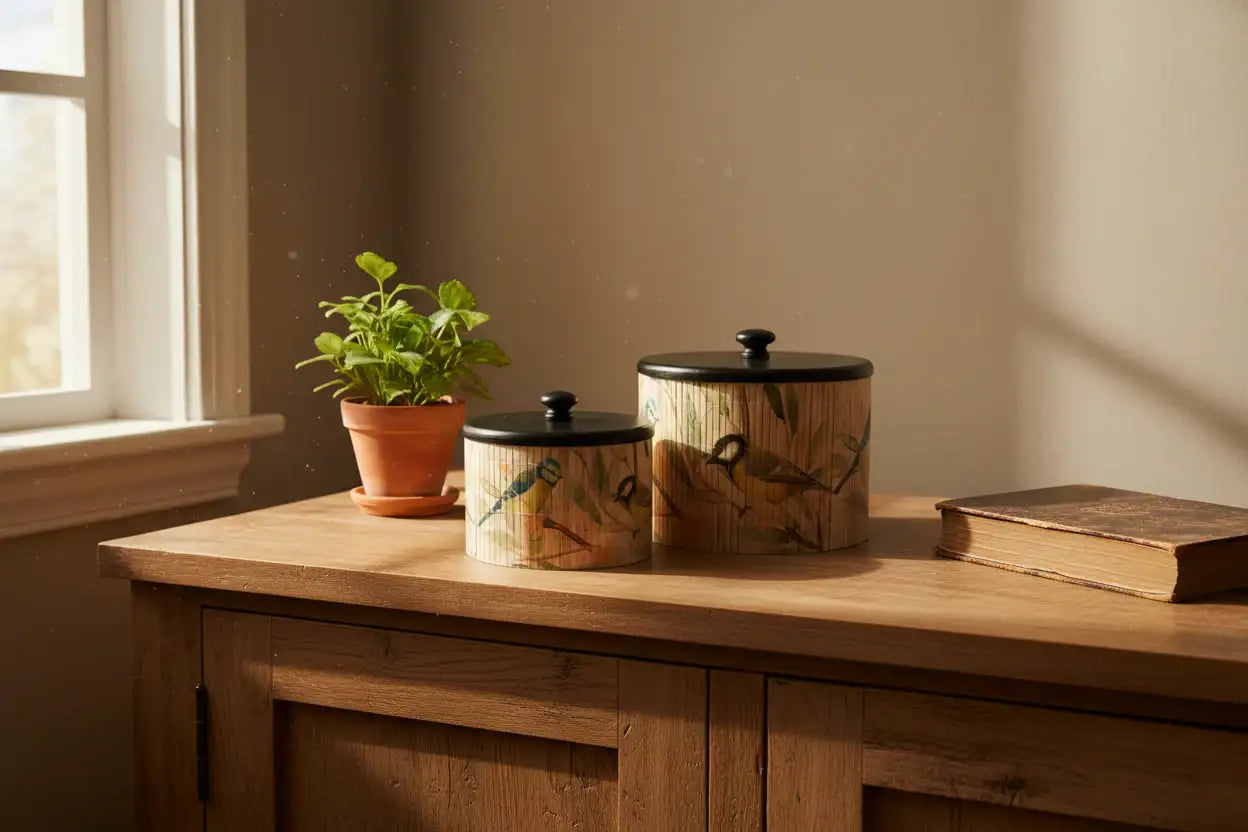 Set of 2 Birds Bamboo Pots with Wood Lids