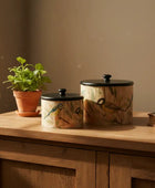 Set of 2 Birds Bamboo Pots with Wood Lids