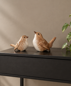 Two ceramic bird figurines, one small cream-and-brown bird and one larger brown-and-white bird, displayed on a black side table against a beige wall with a green plant visible on the right.