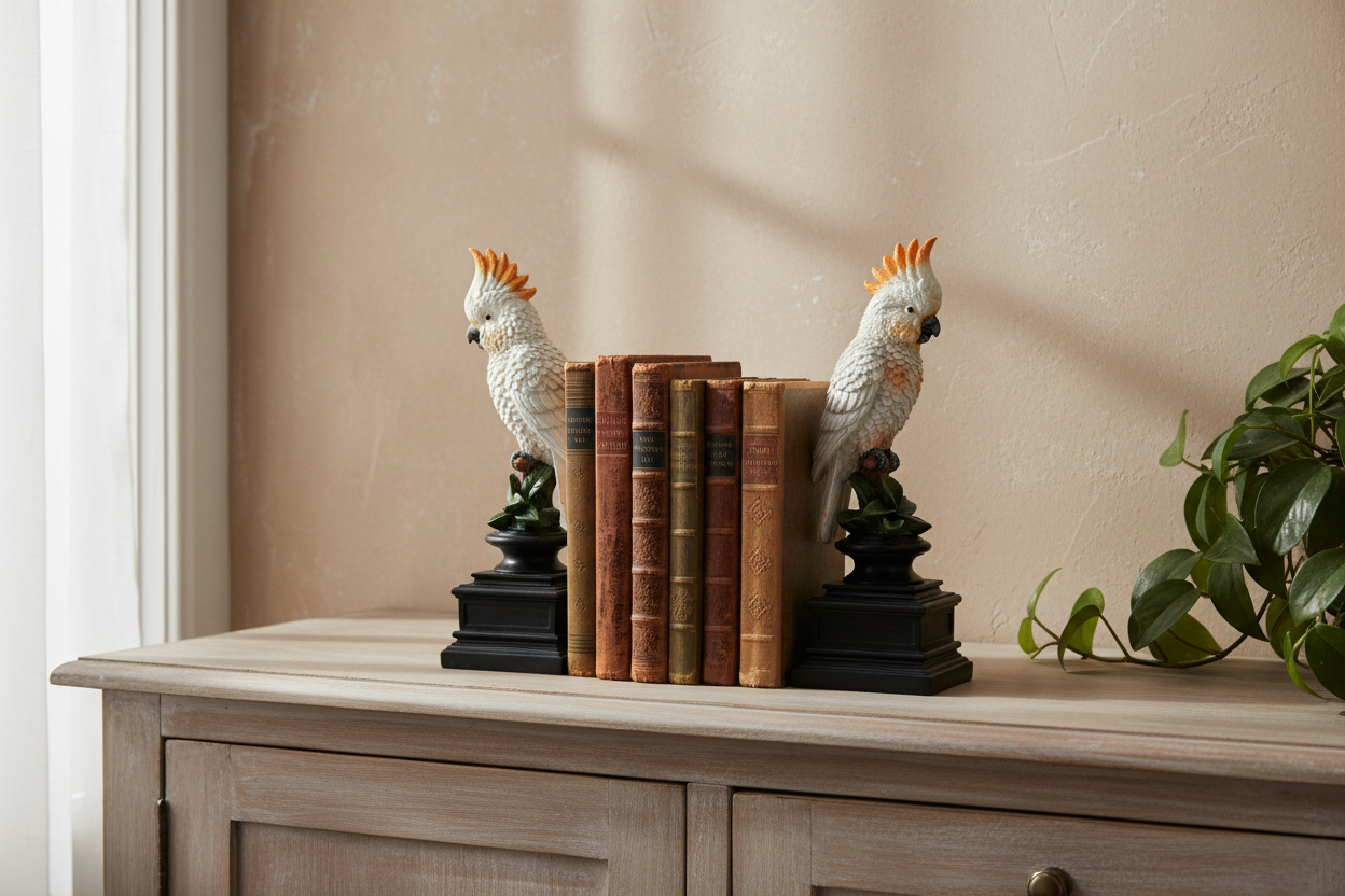 A pair of decorative bookends shaped like white cockatoos with orange crests, perched on black bases and holding a row of vintage-style brown books, displayed on a light wood console table against a beige wall.