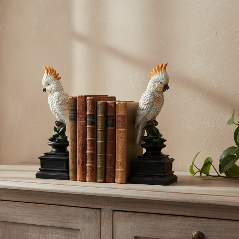Two decorative cockatoo bookends holding a row of vintage-style books on a light wood cabinet against a beige wall.