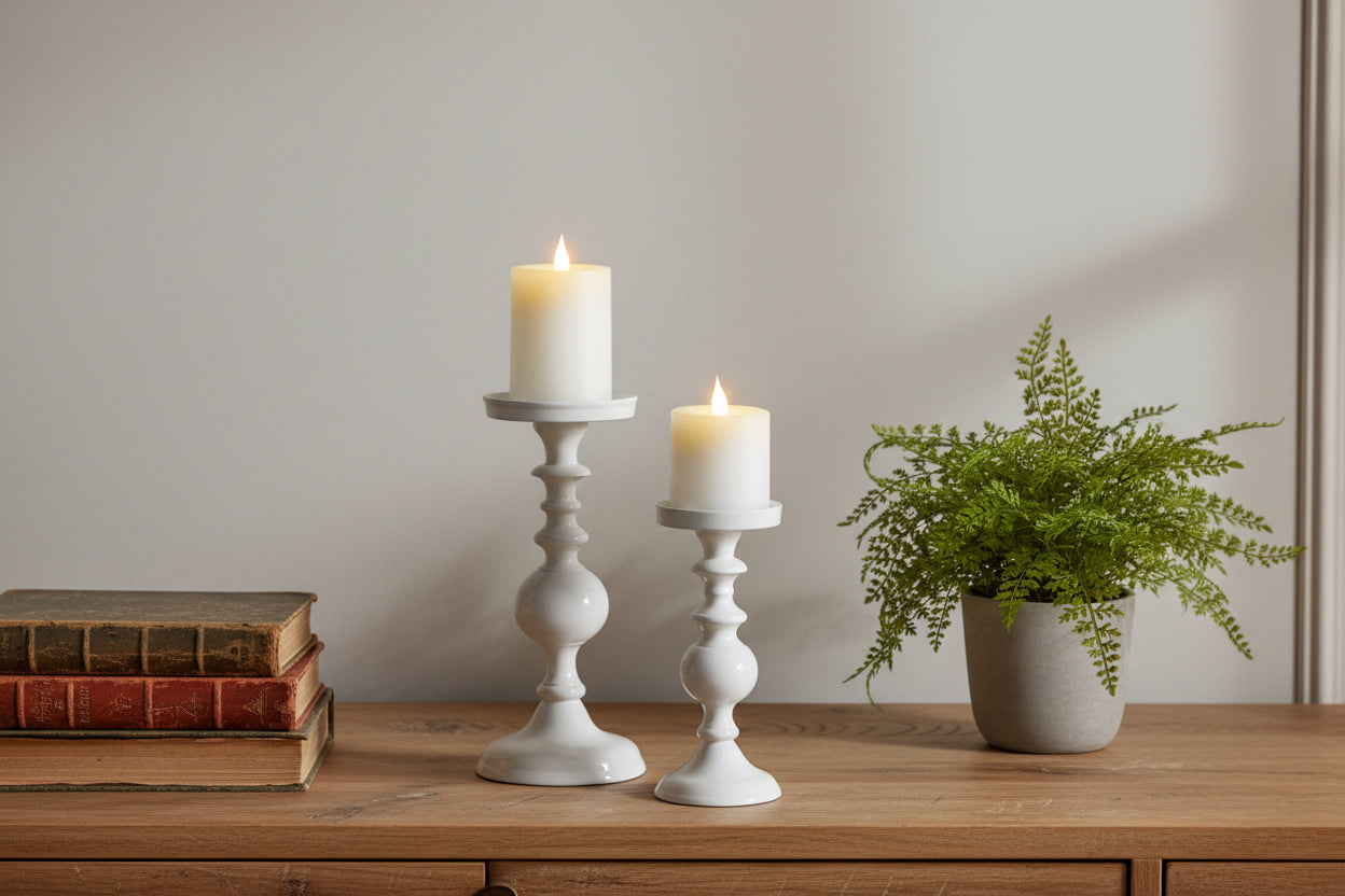Two white candles in decorative candle holders on a table with a neutral background