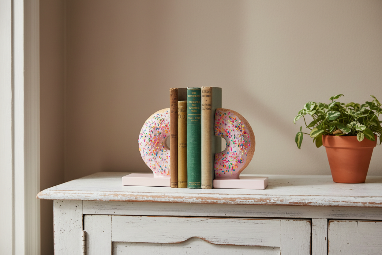 A pair of pink donut-shaped bookends with colorful sprinkles holding a set of four books on a distressed white wooden console table, with a potted green plant to the right against a beige wall.
