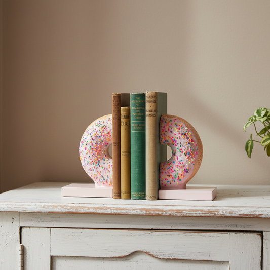 Two pink donut-shaped bookends with colorful sprinkles and light pink bases holding a row of books on a distressed white wooden table against a beige wall.