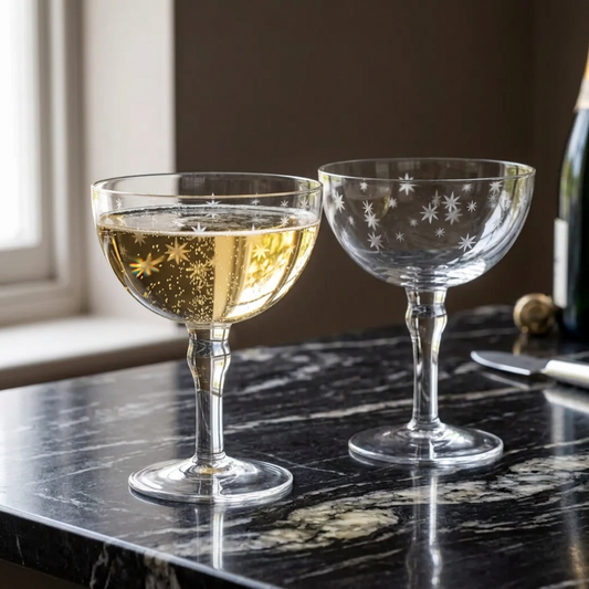 Set of 2 Etched Star Champagne Coupe Glasses
