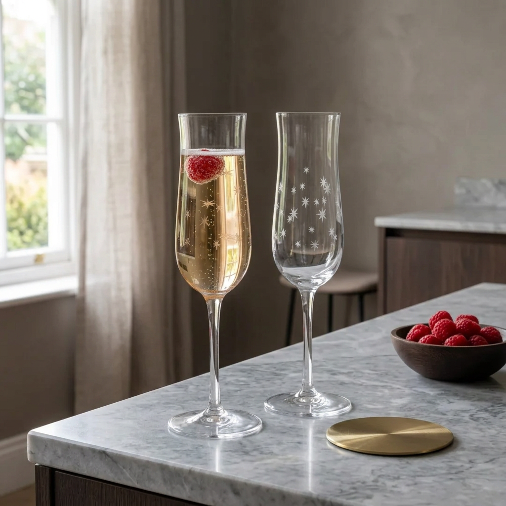Set of 2 Etched Star Champagne Flutes