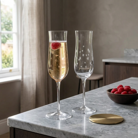 Set of 2 Etched Star Champagne Flutes