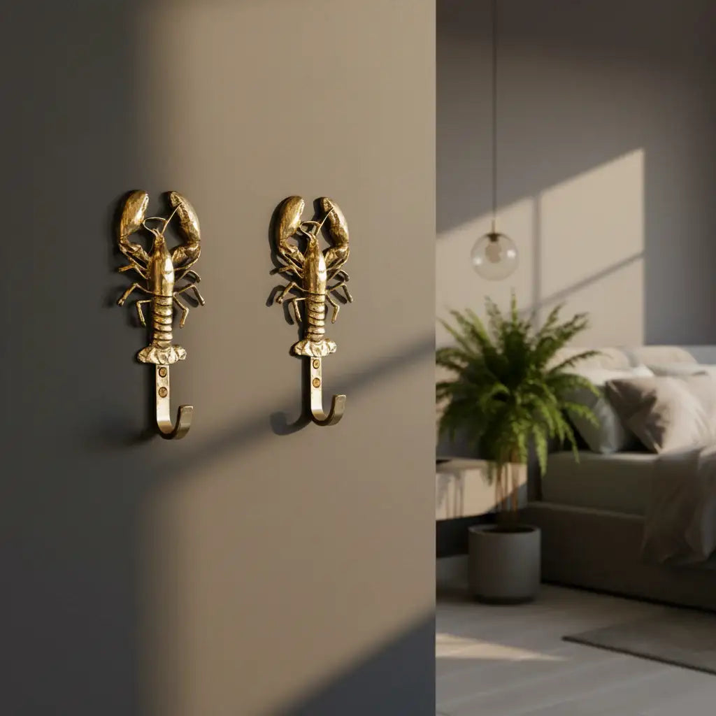 Gold lobster-shaped wall hook on a dark background