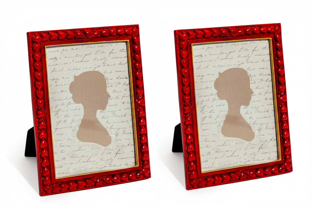 Two red-framed silhouettes on a white background
