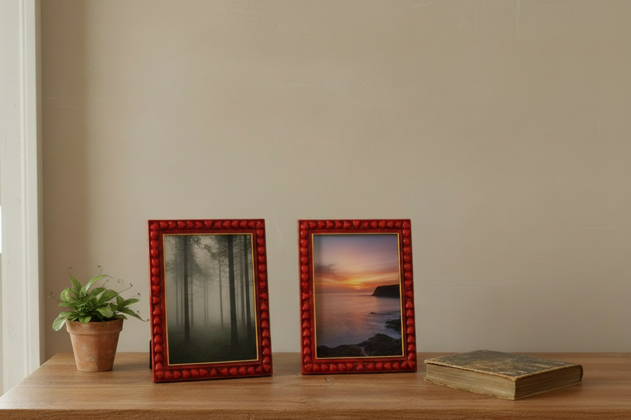 Two framed pictures on a wooden shelf with a plant and book.