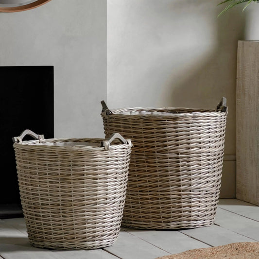 Set of 2 Large Round Woven Wicker Baskets with Handles 4