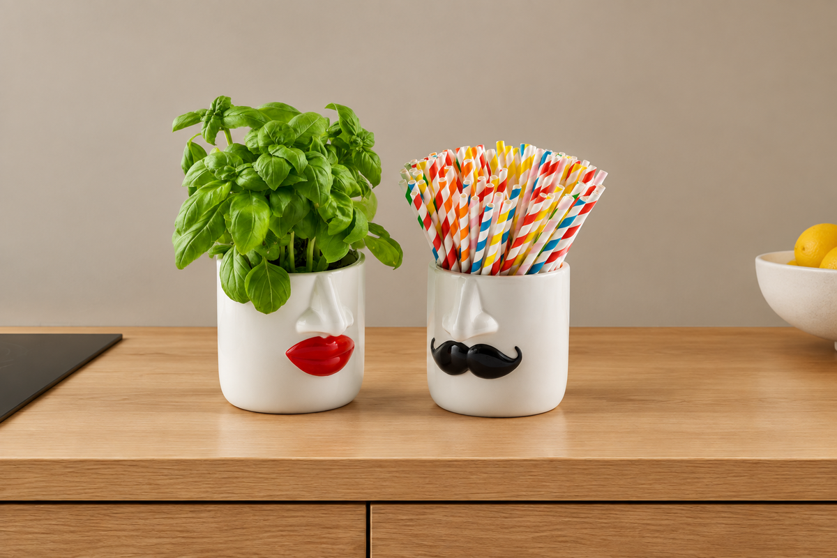 Two white ceramic cups shaped like faces sit on a wooden countertop. The left cup has a red lips design and holds a green basil plant, while the right cup has a black mustache design and holds a set of colorful striped paper straws.