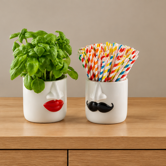 Two white ceramic cup holders shaped like faces sit on a wooden surface against a beige wall. The left holder has a red lips design and contains a green basil plant.