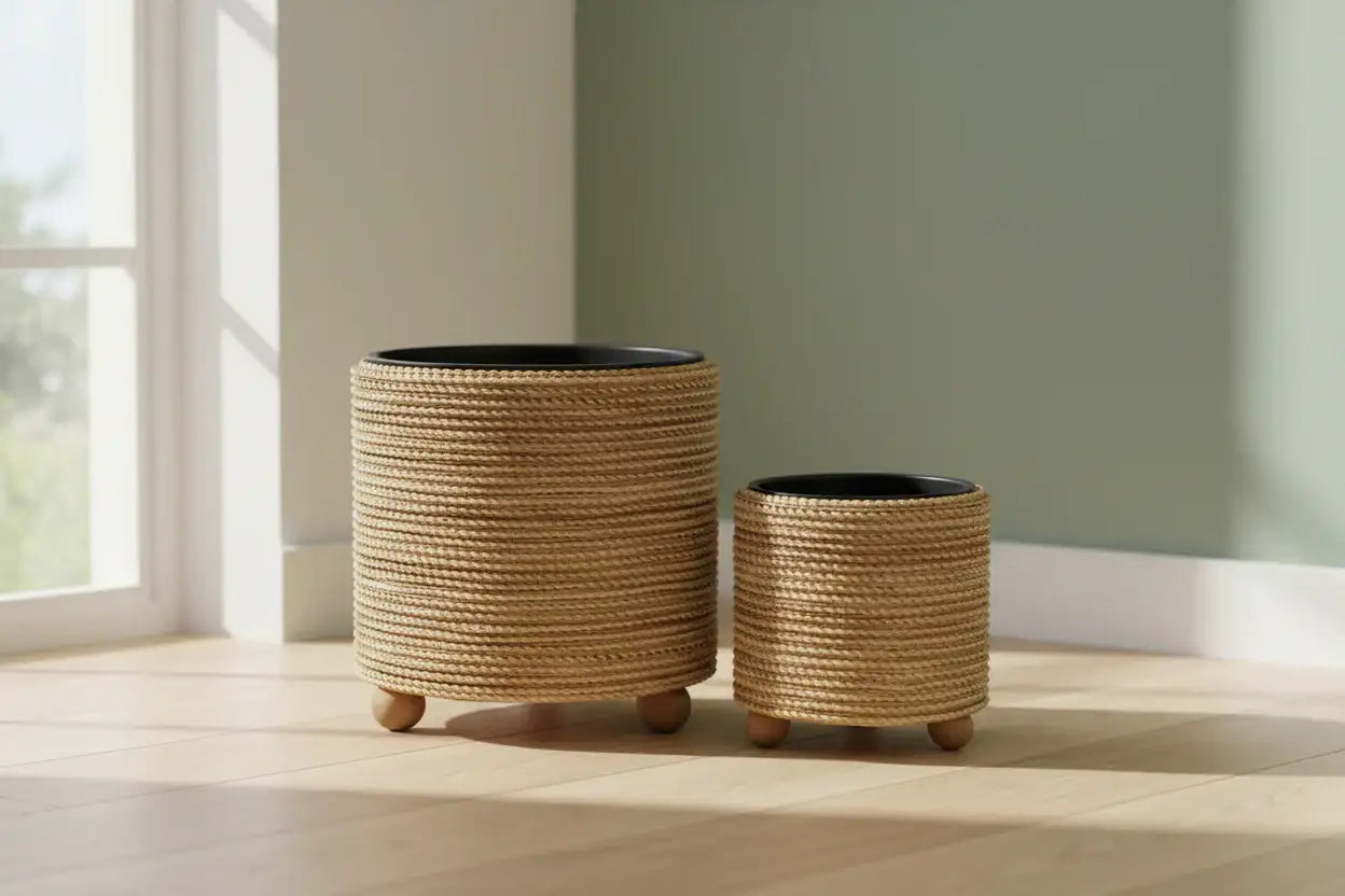 Two woven planters with black interiors on a white background