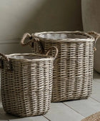 Set of 2 Natural Woven Wicker Baskets with Handles