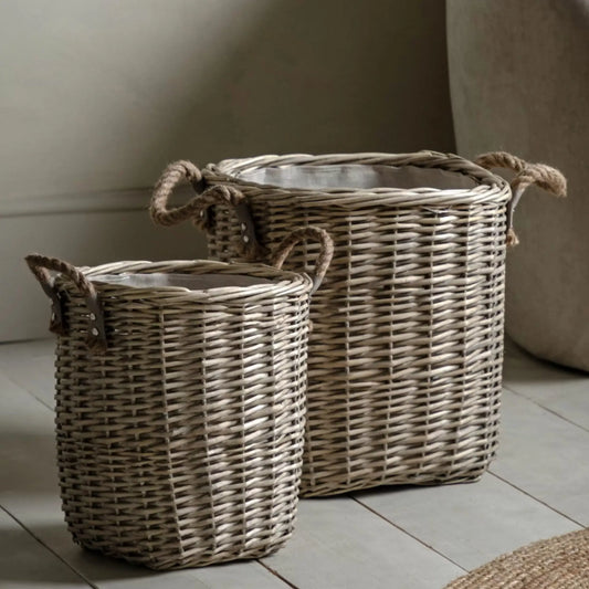 Set of 2 Natural Woven Wicker Baskets with Handles