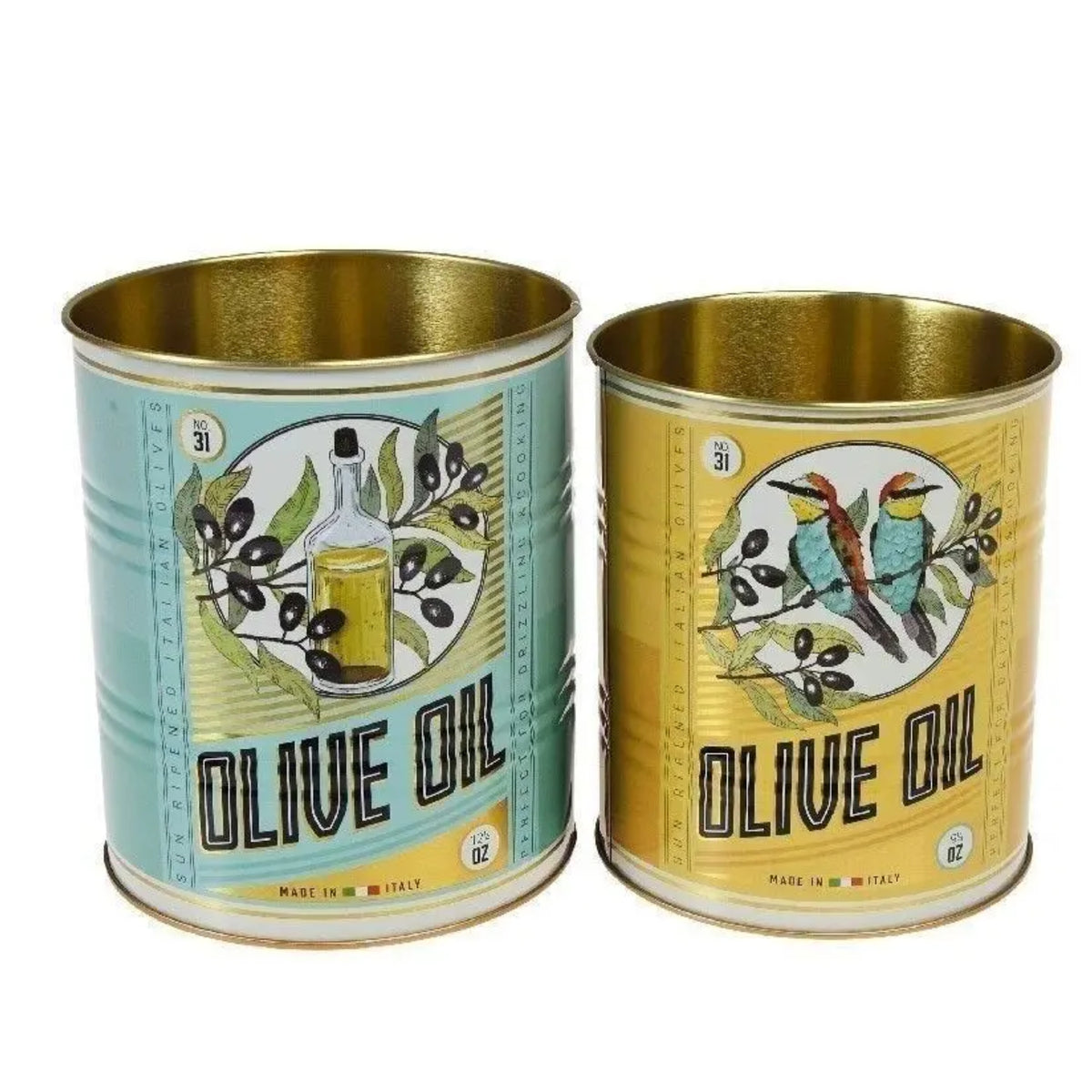Two decorative metal olive oil tins on a white background. The left tin has a light blue label with an olive branch and bottle illustration, and the right tin has a yellow label with a colorful bird and olive branch illustration.